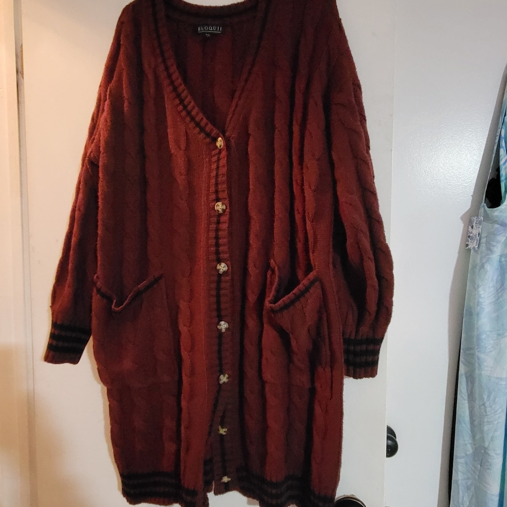 Eloquii Long Cardigan cable knit size 18/20 varsity preppy. Maroon& black